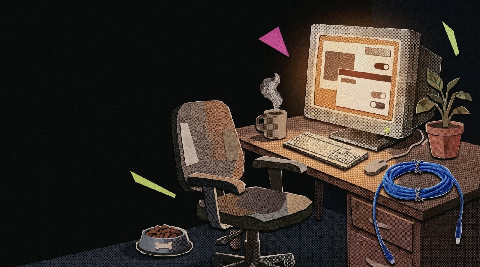 Retro desk with computer, coffee and ethernet cable — AI and personal software