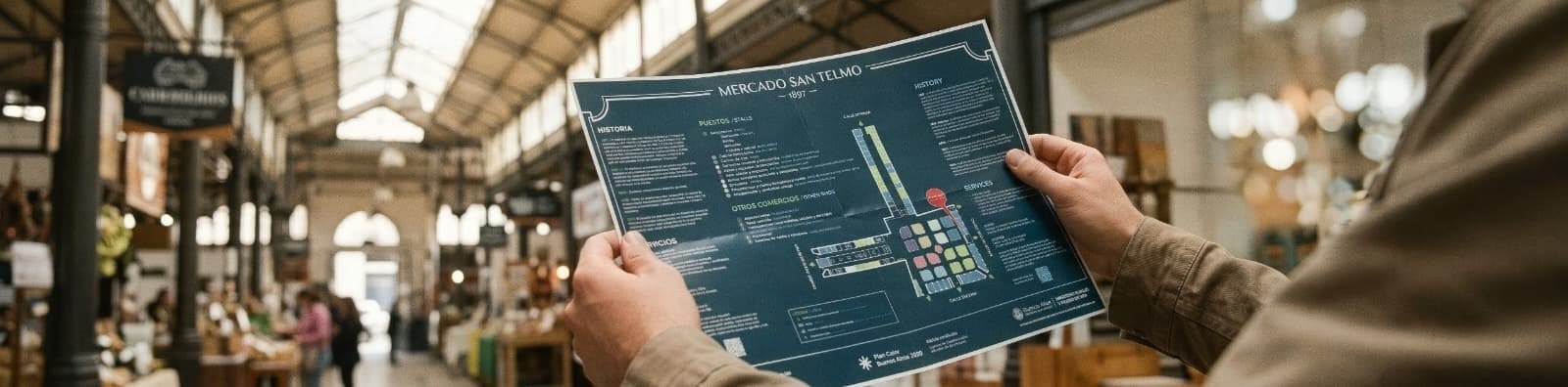 Someone holding the Mercado San Telmo 2031 map inside the market